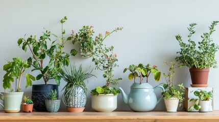 Fototapeta premium A quirky indoor plant setup where plants are displayed in unconventional containers like teapots or repurposed objects.