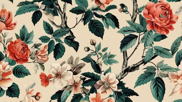 A decorative floral pattern featuring various flowers and leaves on a light background.