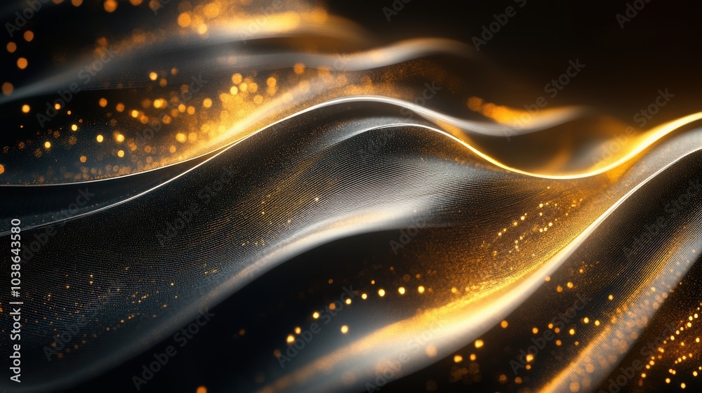 Sticker Interwoven golden and silver lines form a striking silhouette of a Christmas tree, set against a dark backdrop for a festive ambiance. Generative AI