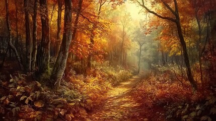 A serene autumn forest scene captures a tranquil pathway winding through a vibrant array of autumn foliage. Tall trees with rough bark rise alongside the path, their leaves glowing in shades of orange