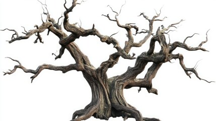 Haunting Elegance: An Ancient Dead Tree with Twisted Branches on a White Canvas