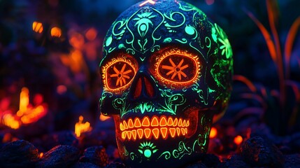 Luminous Sugar Skull with Vibrant Green Glow
