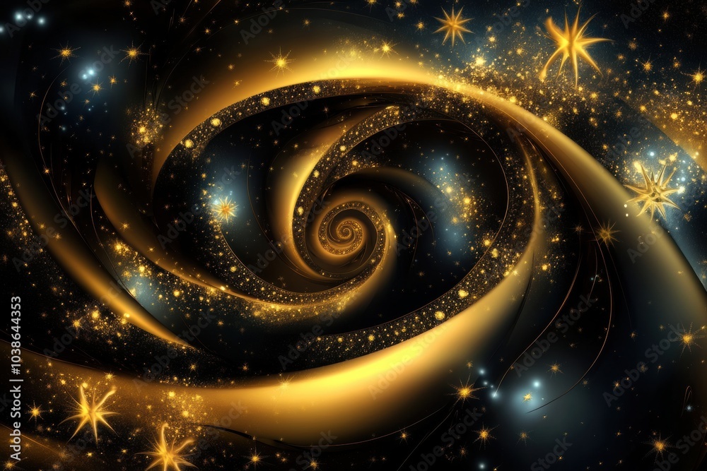 Poster golden spirals and shimmering stars weave together beautifully against a dark background, creating a