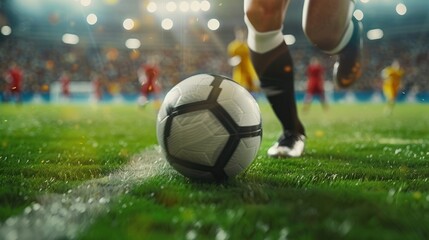 Fototapeta premium Close-up of Football Player Running Kicking Ball on Arena Grass Field, AI generated image