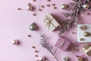 Fototapeta premium A pink background with a bunch of Christmas decorations including a silver ball