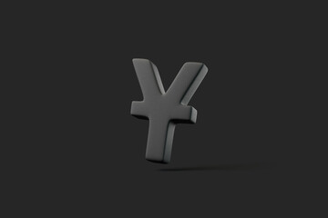 Chinese yuan currency symbol in dark gray, floating on a solid black background, featuring a minimalist design. 3D render illustration
