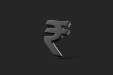 Black Indian rupee currency symbol floating on a dark background, symbolizing finance, economy, and currency exchange. 3D render illustration