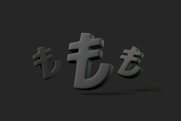 Multiple black Turkish Lira symbols floating against a dark background, representing currency, finance, or economy. 3D render illustration