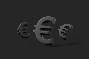 Three black euro symbols floating against a dark background, symbolizing European currency, finance, and global economics. 3D render illustration