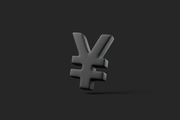 Japanese yen currency symbol in dark gray, floating against a solid black background, minimalistic design. 3D render illustration