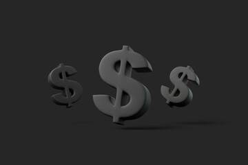 A trio of black dollar symbols floating against a dark background, representing wealth, finance, and global economics. 3D render illustration