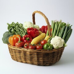Freshness Abound: A Basket Brimming with Vibrant, Healthy Vegetables on a White Background