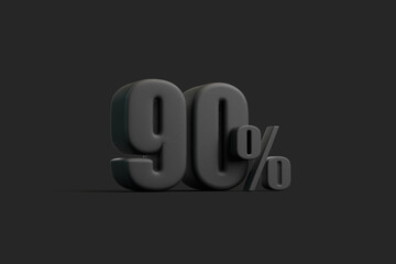 90 percent symbol in black, set against a dark background, symbolizing discount, success, or achievement. 3D render illustration