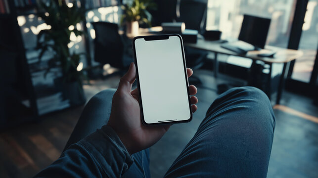 A man's hand holding an Phone with a white screen, office background, in close-up. AI generation