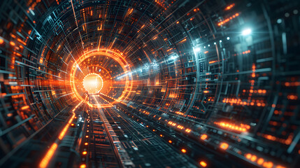 Obraz premium Futuristic Digital Tunnel: Glowing Lights Representing Data Flow and Connectivity in an Abstract Cyberspace