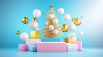 A playful and cute holiday illustration of a minimalist Christmas tree with elegant gold and white ornaments, surrounded by colorful abstract geometric designs against a pastel backdrop.