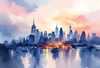 Watercolor of Manhattan skyscrapers at sunset - New York city towers

