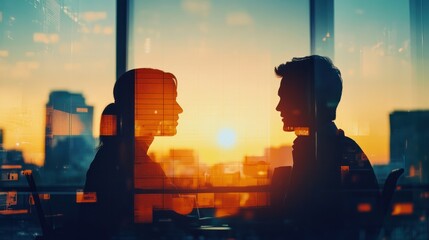 Silhouette of business people work together in office. Concept of teamwork and partnership. double exposure with network effects