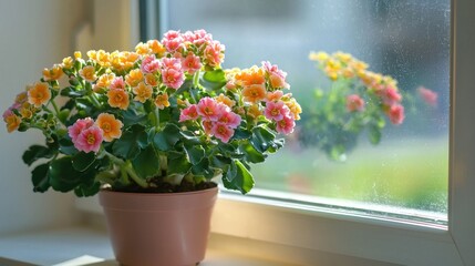 Fototapeta premium A kalanchoe plant with colorful blooms sitting on a sunny windowsill, brightening up the space.