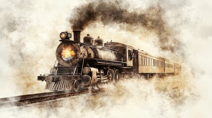 Fototapeta premium Steampunk Train with Holographic Ads, vintage locomotive adorned with futuristic displays, intricate sepia-toned illustration, captivating design