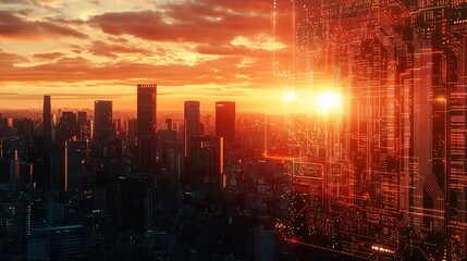 Futuristic digital circuit board overlay on a cityscape at sunset
