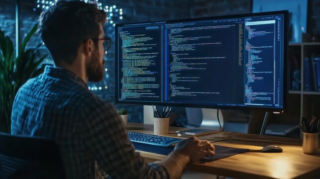 Software developers discussing programming code and planning how to create innovative software