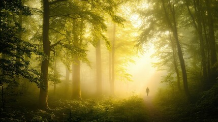 Obraz premium A soft, misty forest bathing experience at dawn, with the forest glowing in gentle hues of green and goldhealing power of nature