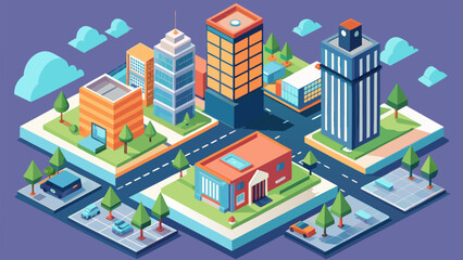 Fototapeta premium Isometric illustration of a vibrant cityscape featuring modern office buildings, palm trees, and organized streets during daytime