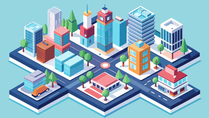 Fototapeta premium Isometric illustration of a vibrant cityscape showcasing diverse buildings, parks, and streets in a lively urban environment
