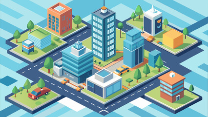 A vibrant isometric cityscape illustrating urban life with diverse buildings, streets, and activity in a modern office environment