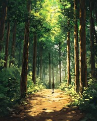 Obraz premium A serene forest bathing (Shinrin-yoku) scene, where a person walks slowly along a peaceful forest trail, surrounded by tall trees and dappled sunlight, taking in the calming atmosphere of the forest