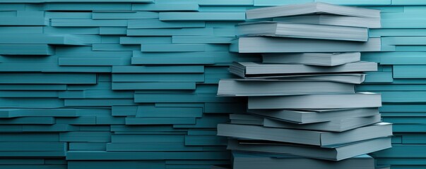 A stack of blue-hued books against a textured wall, creating a calming and organized aesthetic.