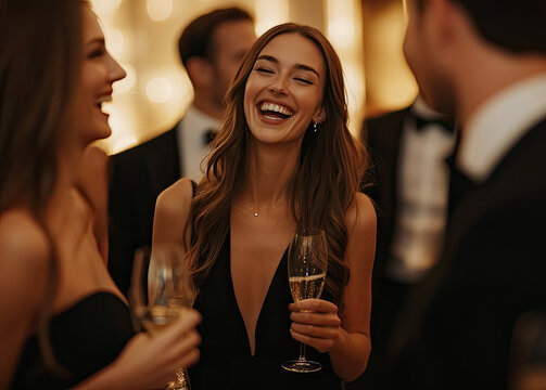 A group of elegant people at an event, smiling and holding champagne glasses in their hands. The woman is wearing a black dress with long hair. She has her mouth open, as if laughing.
