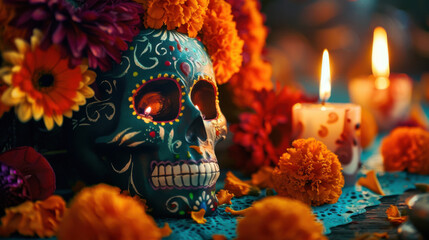 Colorful decorated altar with candlea, marigolds, sugar skulls for Day of the Dead.