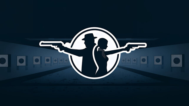 Shooting range poster with silhouette of a man and a woman holding a gun in their hands. A banner for a gun range with a picture of a shooters with handguns on it.