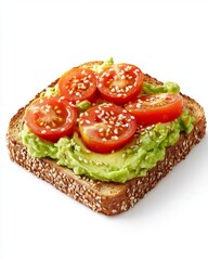 a slice of whole grain toast topped with smashed avocados, tomato slices and sesam seeds