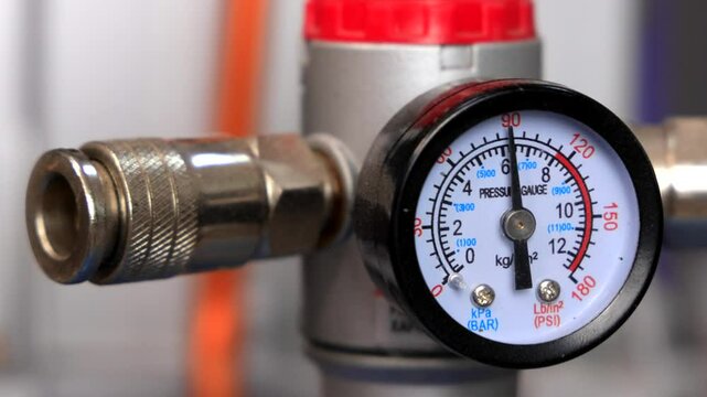 Pressure Gauge on Compressor Showing Kilopascal Reading - Close-Up of Industrial Pressure Sensor Display