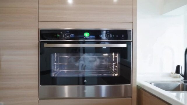 a sleek, modern built-in oven with a digital control panel, integrated into a wood-finished kitchen, likely representing advanced kitchen technology for convenient cooking