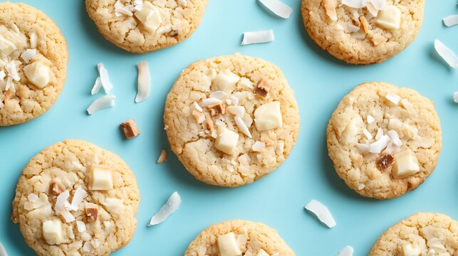Coconut chip cookies isolated on a pale blue background, with toasted coconut flakes and small decorative pieces of white chocolate - Powered by Adobe