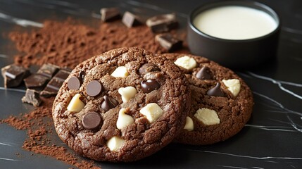 Fototapeta premium Double chip cookies with dark and white chocolate chips, isolated on a black marble background, with decorative cocoa powder and a side of milk