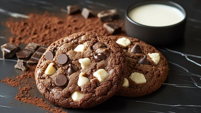 Double chip cookies with dark and white chocolate chips, isolated on a black marble background, with decorative cocoa powder and a side of milk