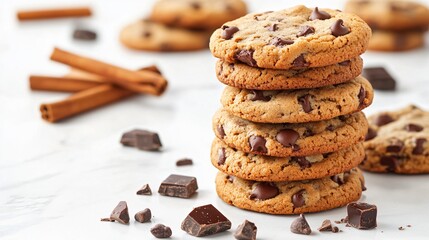 Freshly baked chocolate chip cookies stacked on a white marble surface, with chocolate chunks and cinnamon sticks scattered around