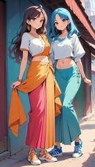 Fototapeta premium Two anime girls in colorful outfits stand side by side.