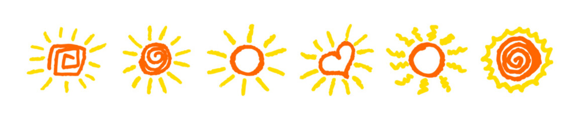 Set of fun like kid drawing yellow sun. Collection painted with pastel crayons or wax pencil sunny icons. Summer sky symbols. Rough chalk texture vector illustration in children style. Design elements