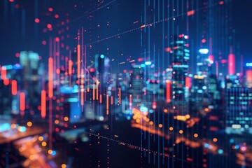 Detailed analysis of big data charts against a vibrant city skyline showcasing investment trends and trade technology