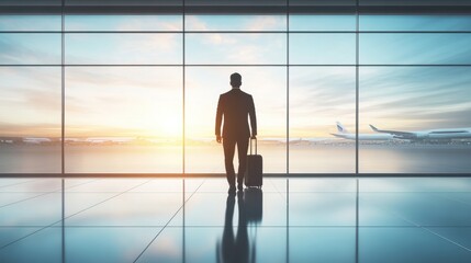 Unrecognizable Man With Bag And Suitcase Walking In Airport, Rear View