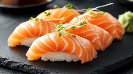 Fresh Salmon Sushi on Black Slate Plate