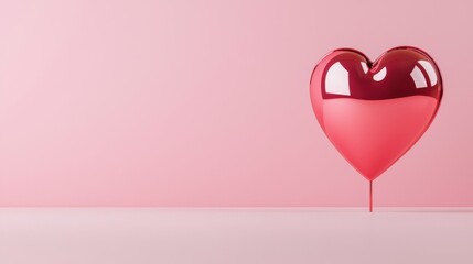 3D Shiny red heart balloon on a light pink background, playful and vibrant.