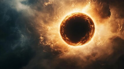 Naklejka premium Cosmic Abyss, a mesmerizing 3D depiction of a black hole consuming matter, showcasing extreme gravitational forces and cosmic distortion.