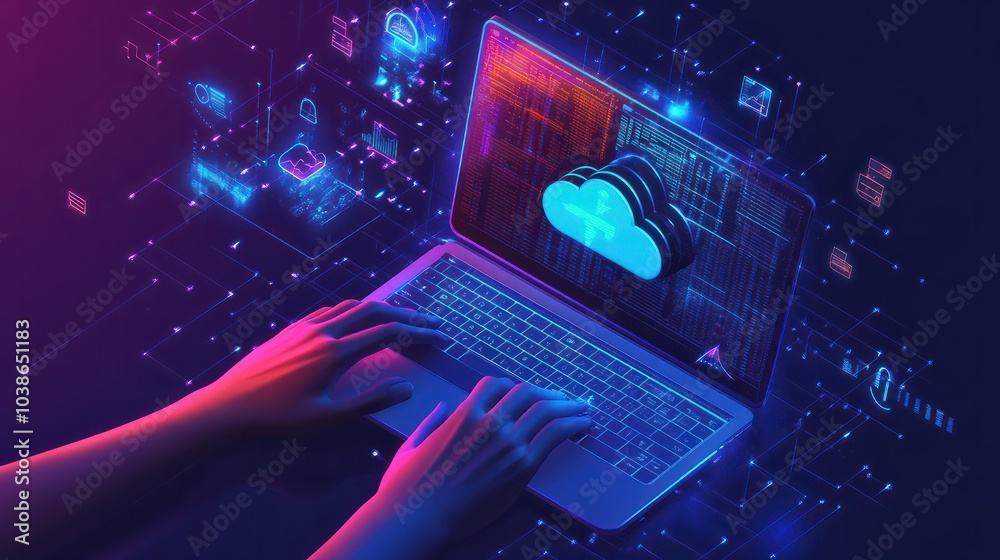 Poster weather icon with hands typing on a laptop with cloud environment change technology icons floating a